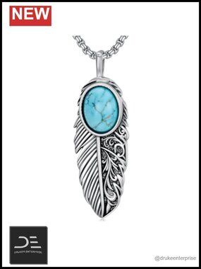 Natural Turquoise Feather Necklace 925 Sterling Silver Pendant Women Jewelry